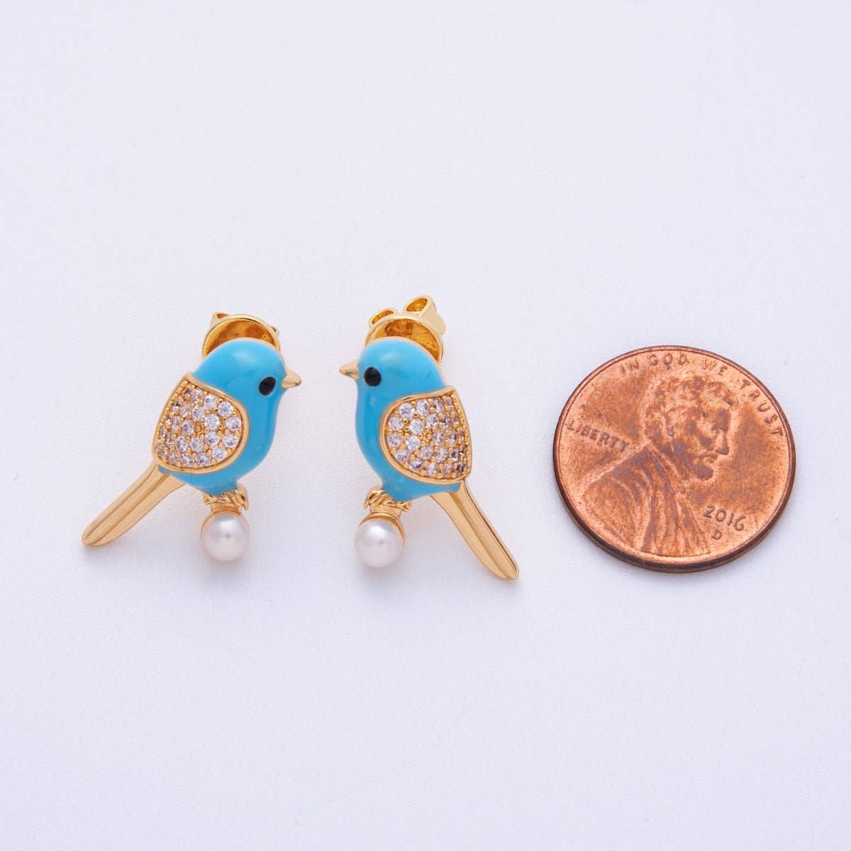 14K Gold Filled 21.5mm Blue Enamel Micro Paved CZ Bird Stud Earrings