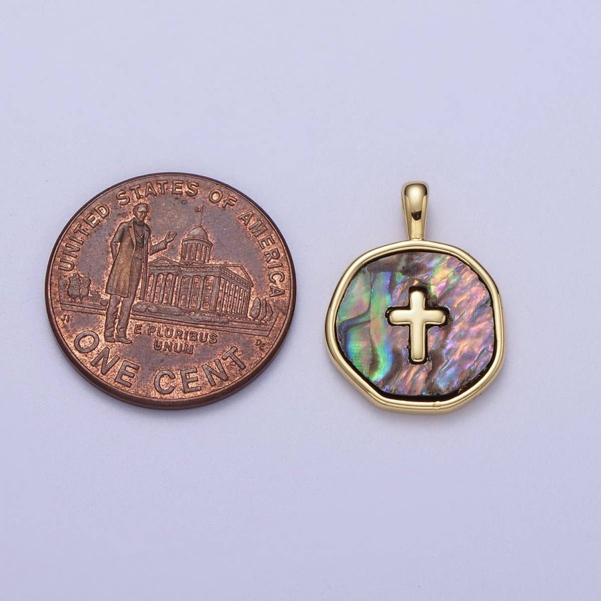 14K Gold Filled Religious Cross Shell Abalone Round Pendant