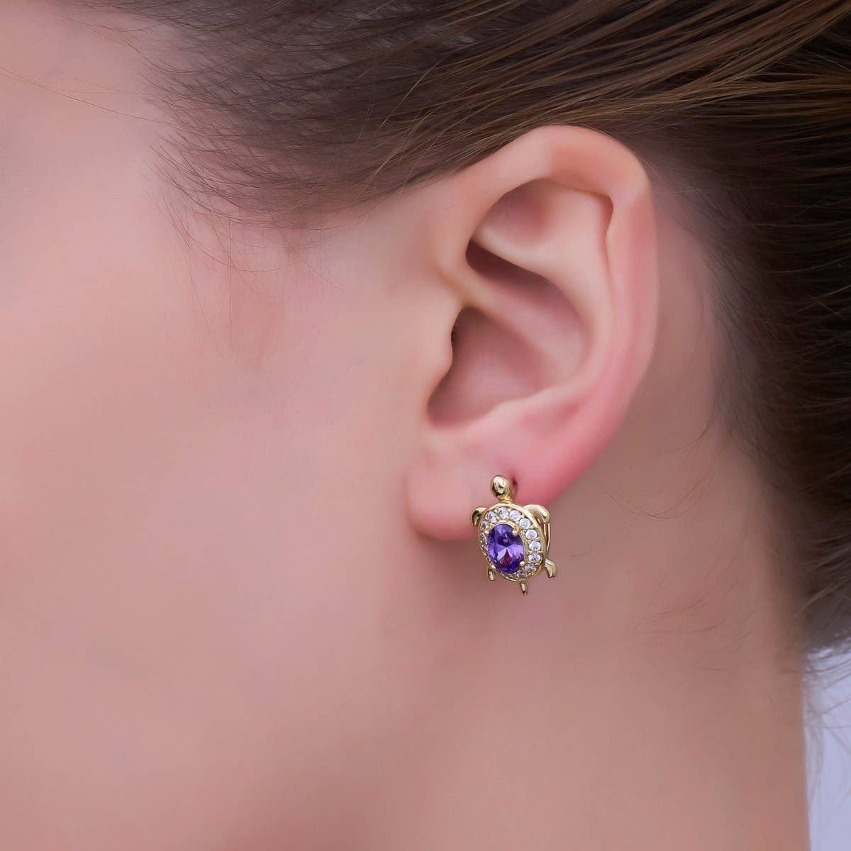 24K Gold Filled Micro Paved CZ Turtle Tortoise Animal Huggie Earrings