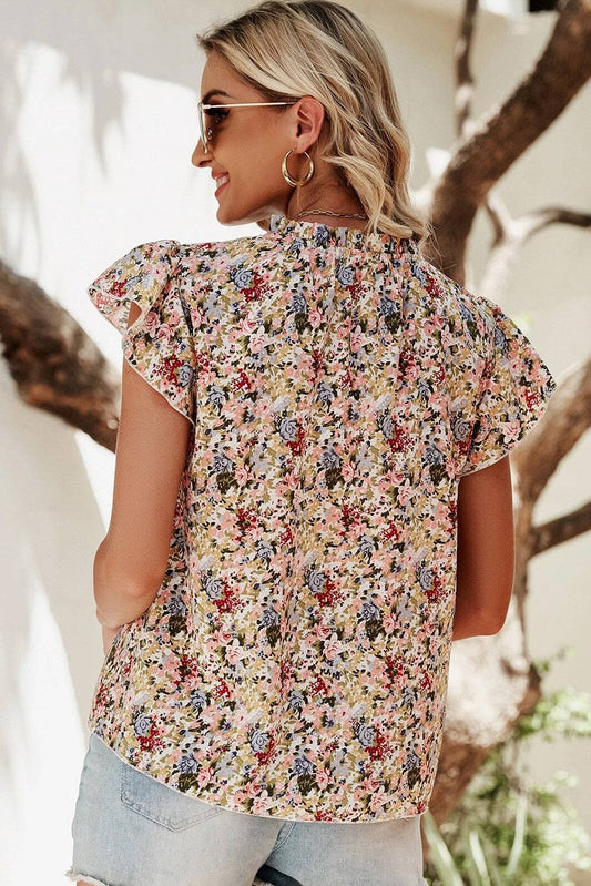 Red Boho Floral Frilled Button Neck Ruffle Short Sleeve Blouse: Red