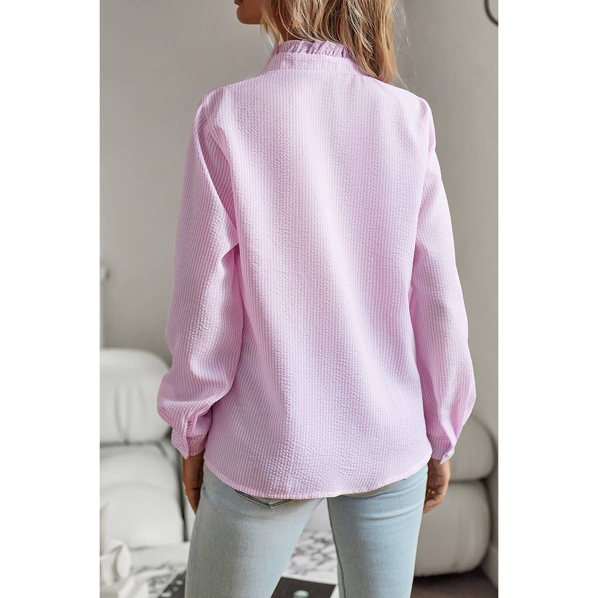 Frenchy Striped Print Ruffle Trim Button Front Shirt: PINK