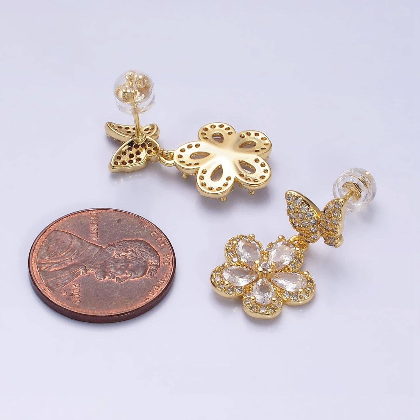 Flower Teardrop Petal Drop CZ Butterfly Stud Earrings: Gold