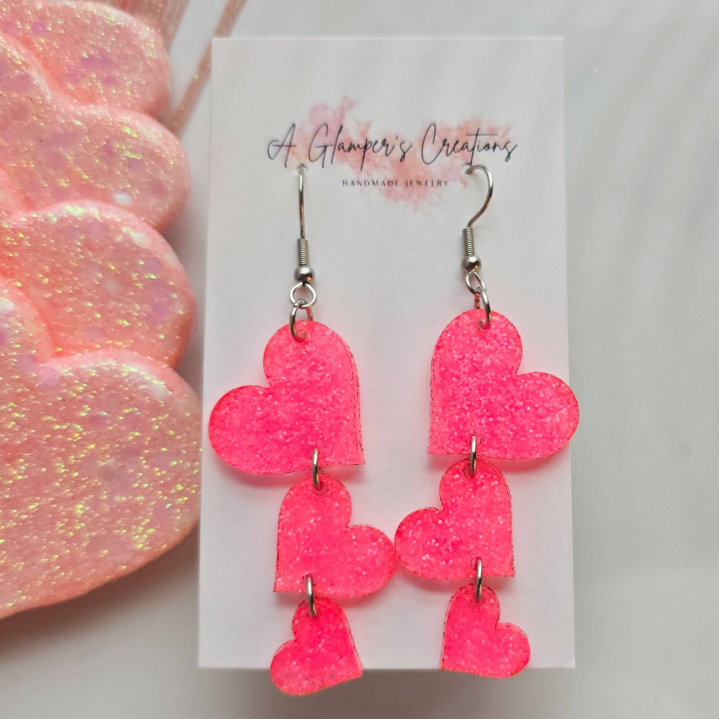 Neon Hot Pink Glitter Triple Heart Dangle Acrylic Earrings