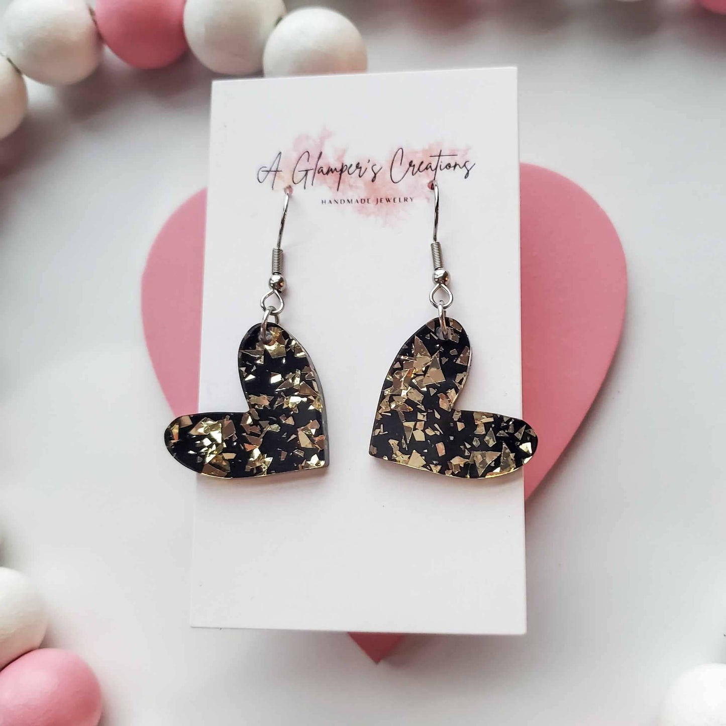 Black & Gold Flakes Heart Valentine's Acrylic Earrings