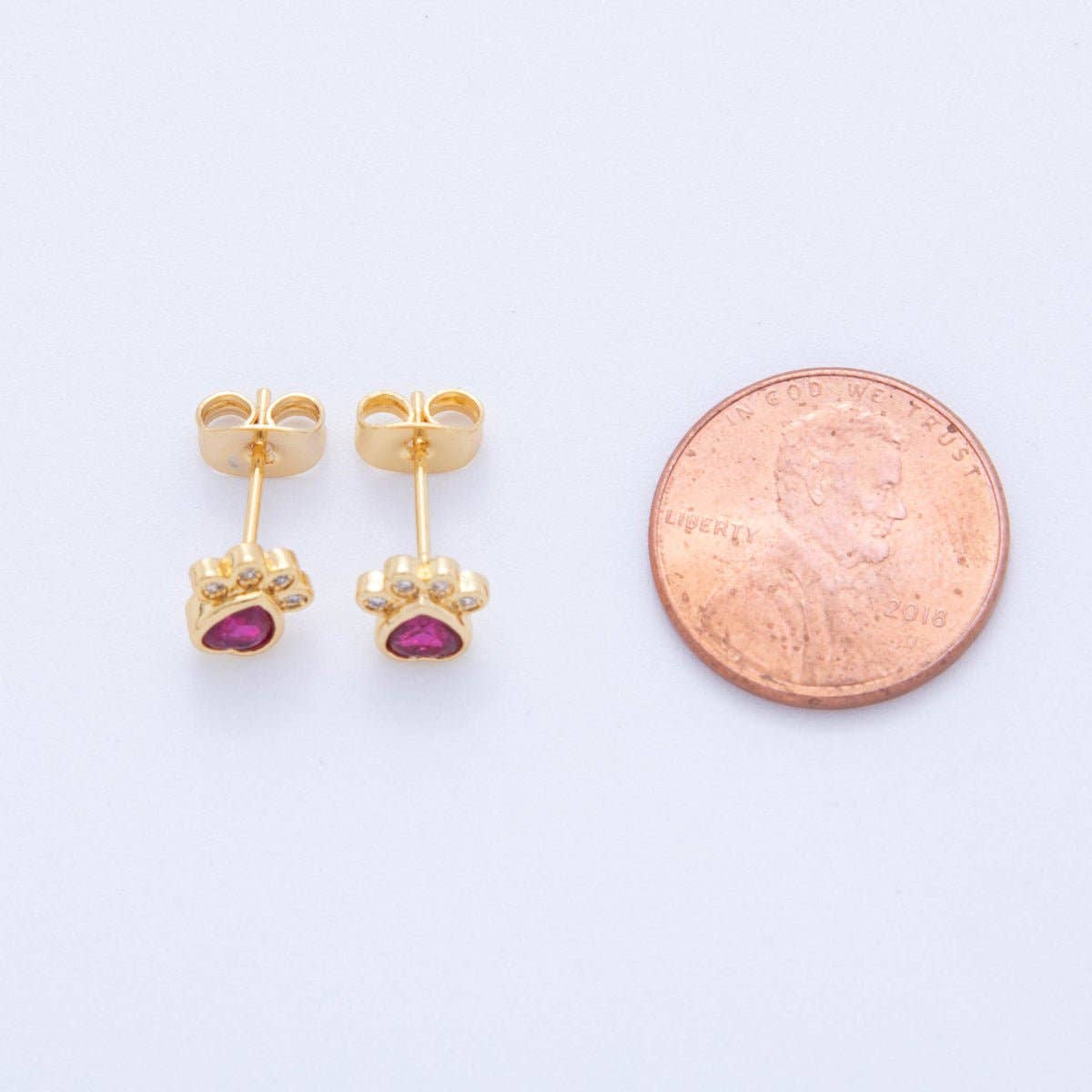 18K Gold Filled Hot Pink & Clear CZ Pet Paws Stud Earrings Hot Pink