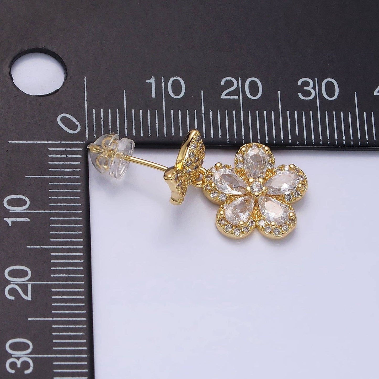 Flower Teardrop Petal Drop CZ Butterfly Stud Earrings: Gold