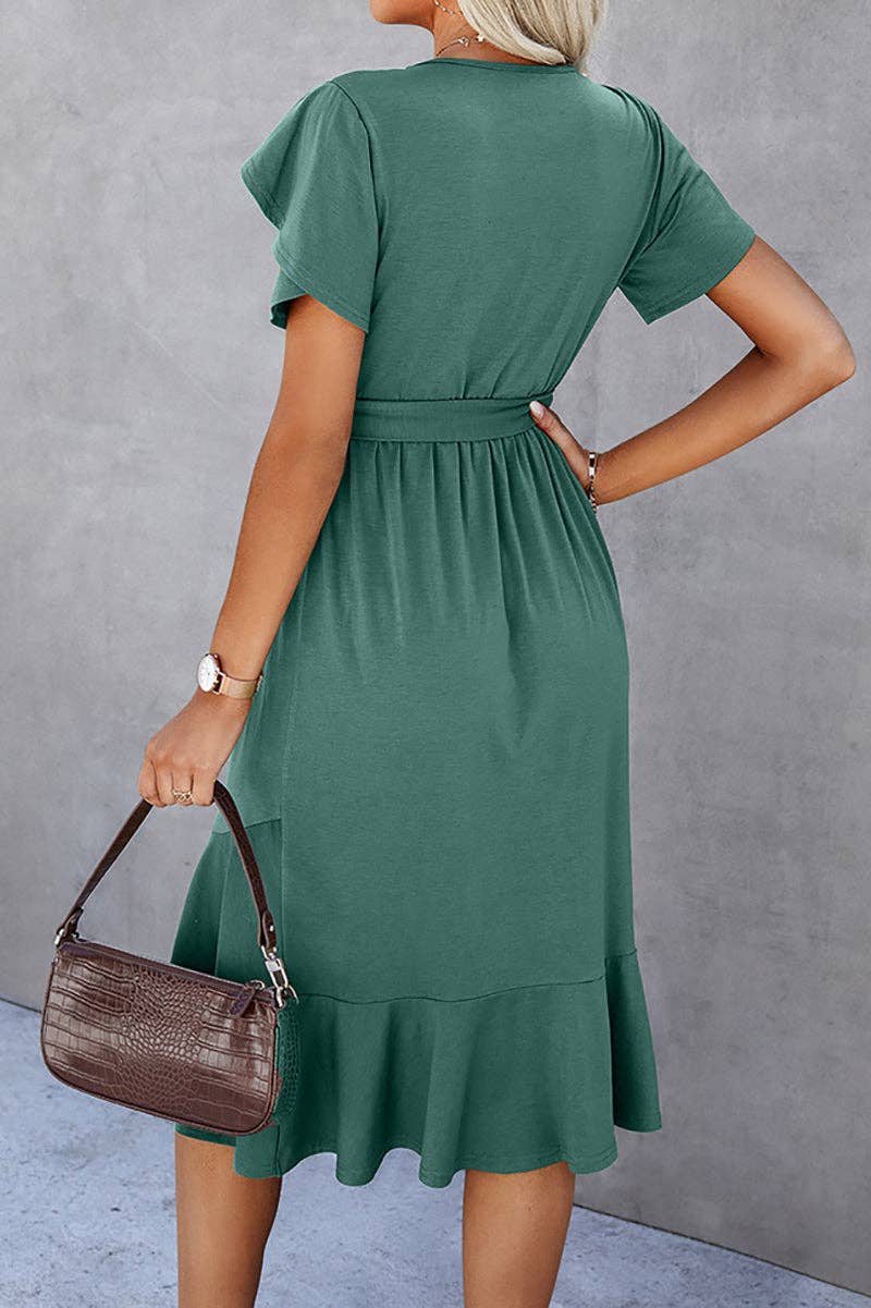 Petal Sleeve Ruffle Trim Belted Midi Dress: OLIVE