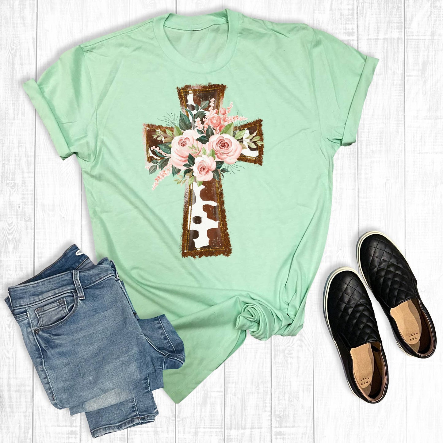 Cow Print Floral Cross: Mint / M / Short Sleeve