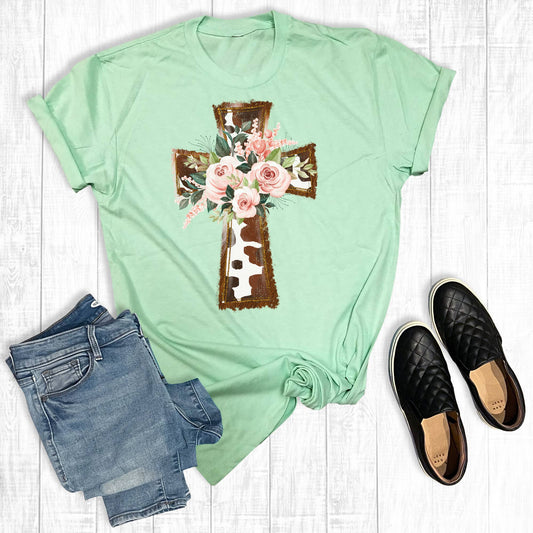 Cow Print Floral Cross: Mint / M / Short Sleeve