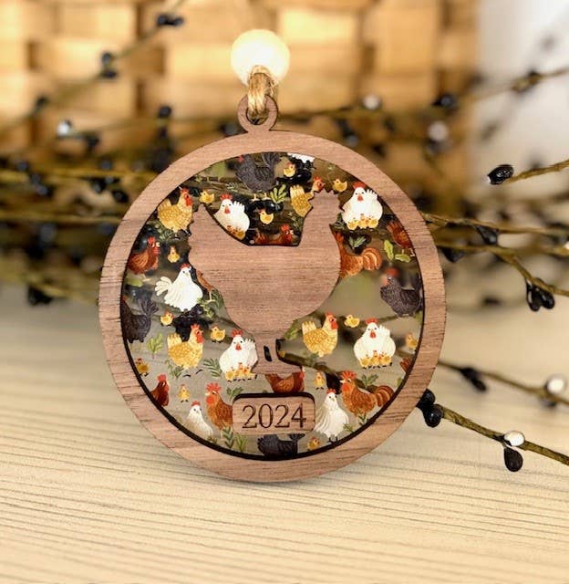 Chicken Christmas Ornament - Farm Theme Tree Ornament: White Background Acrylic (Pictured) / 2025