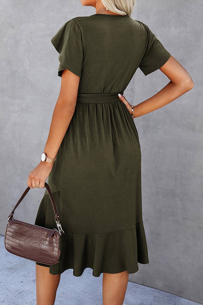 Petal Sleeve Ruffle Trim Belted Midi Dress: OLIVE