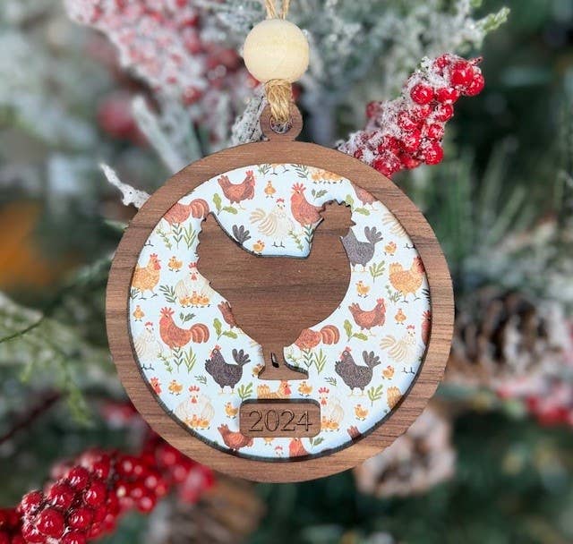 Chicken Christmas Ornament - Farm Theme Tree Ornament: White Background Acrylic (Pictured) / 2025