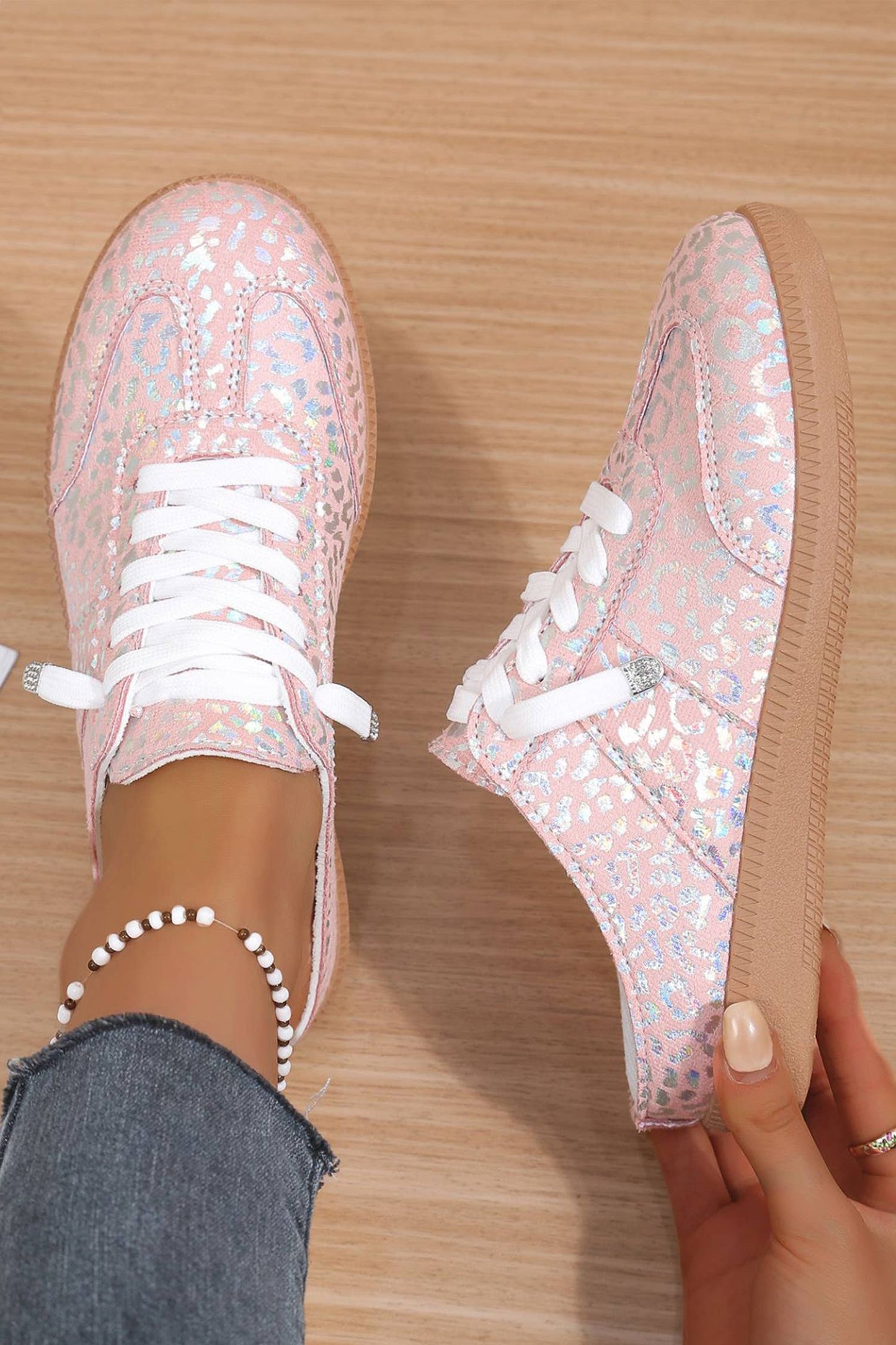 Shiny Leopard Print Lace up Slip On Shoes: Pink