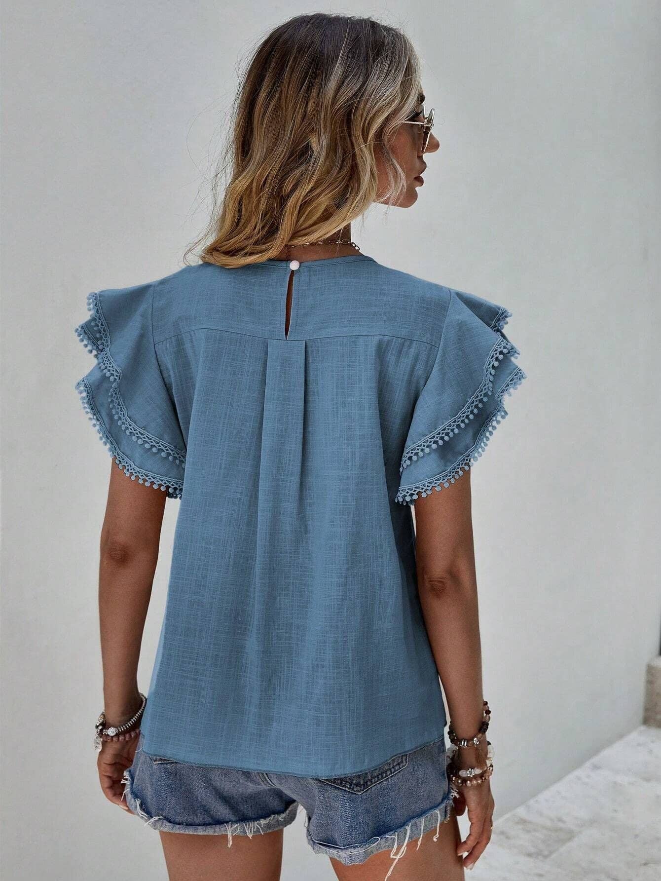 Women's Casual Ruffle Sleeve V-Neck Blouse Soft Cotton Pom Pom Trim Short Sleeve Top: Sea blue