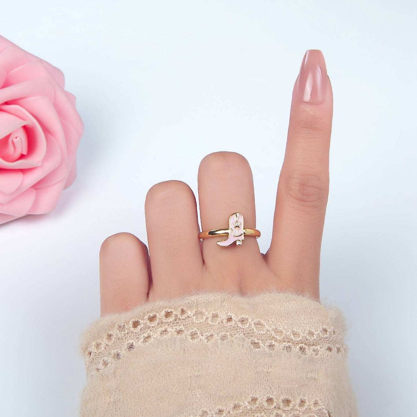 24K Gold Filled CZ Pink Enamel Cowboy Boots Ring