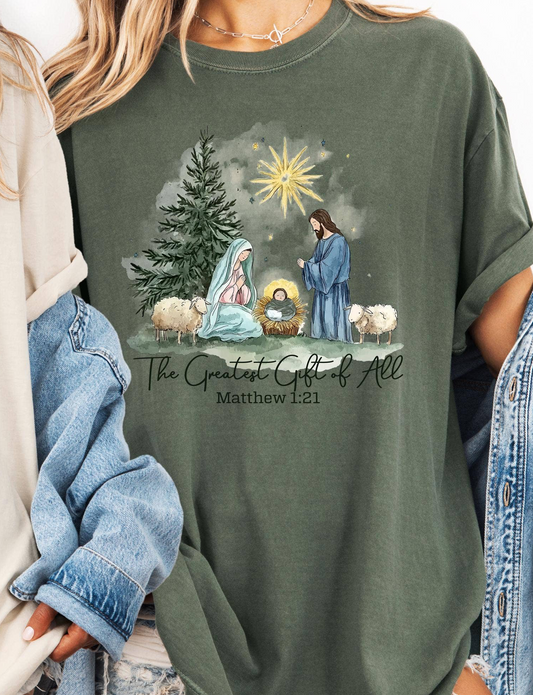 Comfort Colors Religious Nativity Shirt, Christian Xmas Tee: Light Green T-Shirt