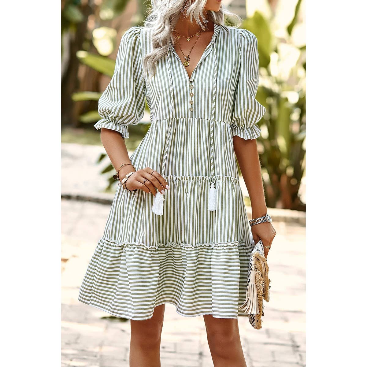 Stripe V Neck Button Puff Sleeves High Waist Dress: GREEN