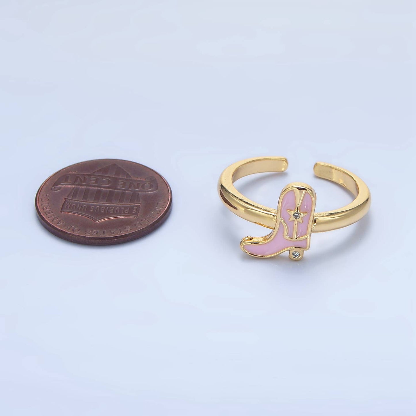 24K Gold Filled CZ Pink Enamel Cowboy Boots Ring