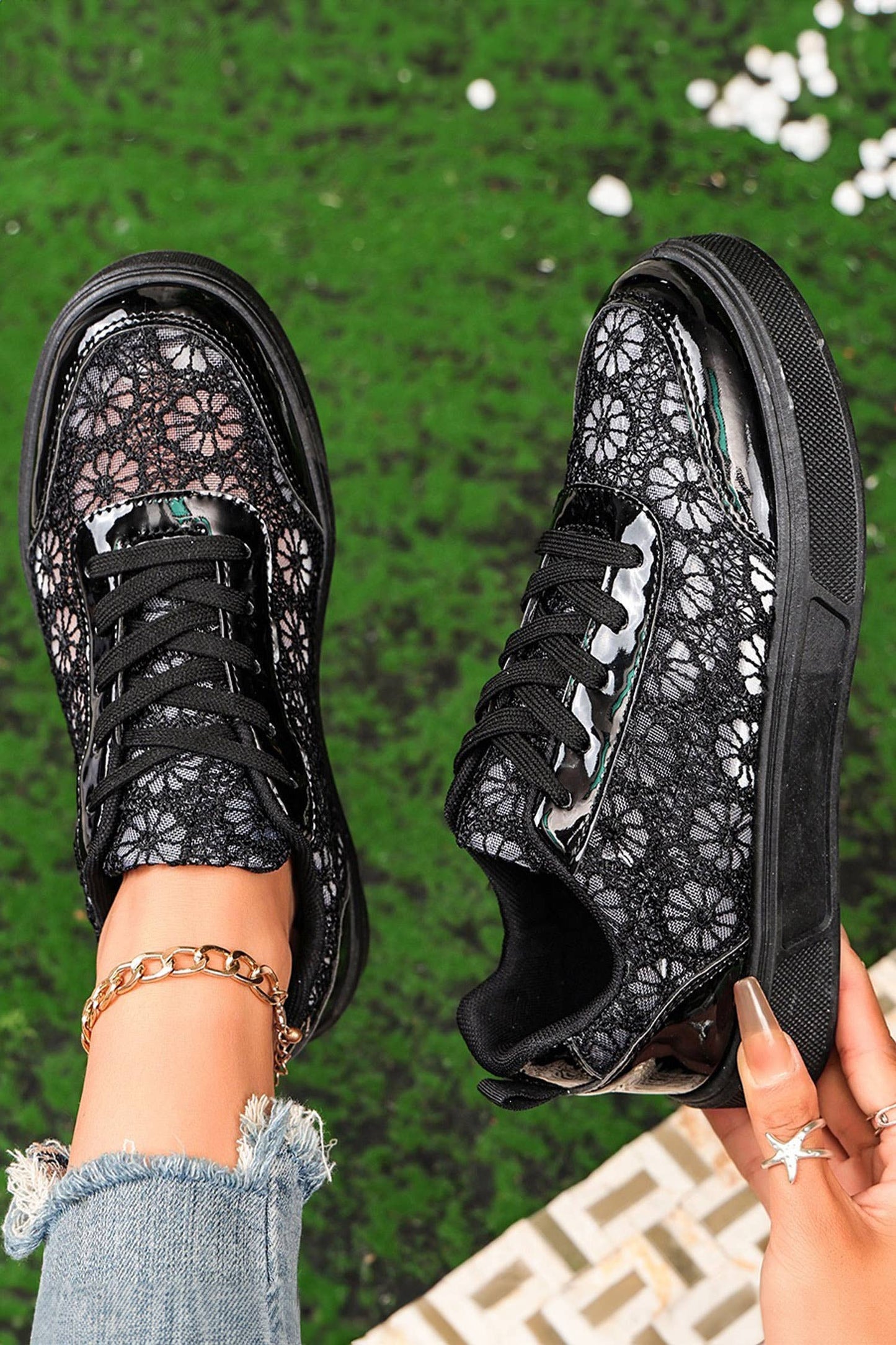 Sheer Floral Lace Slip-On Casual Sneakers: Color black