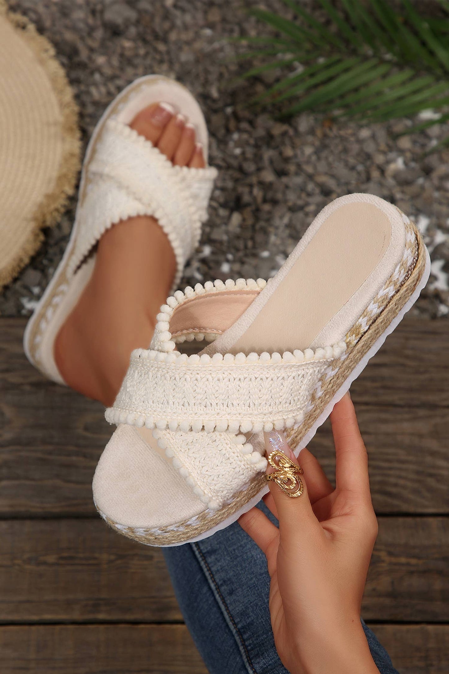 Pompom Knit Platform Slide Slippers: White