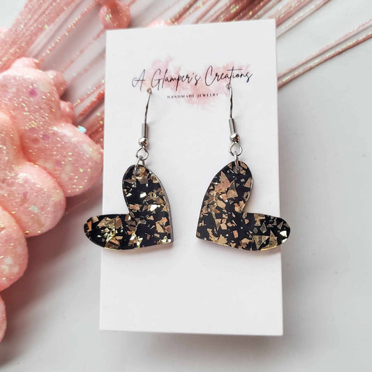 Black & Gold Flakes Heart Valentine's Acrylic Earrings