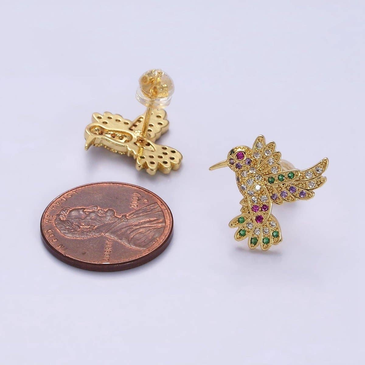 14K Gold Filled Multicolor Micro Paved CZ Hummingbird Pet Earrings Set in Gold & Silver