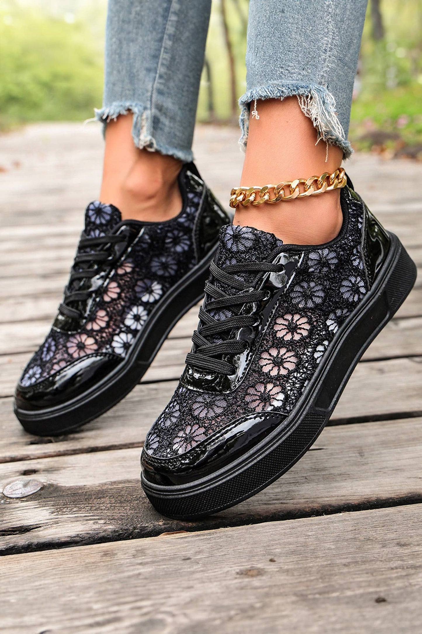 Sheer Floral Lace Slip-On Casual Sneakers: Color black