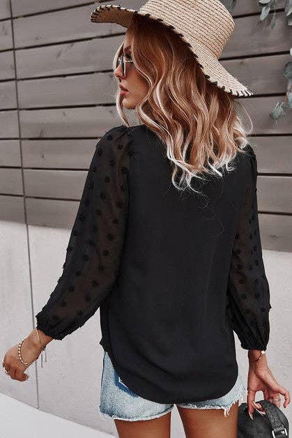 Solid V Neck Lantern Sleeve Swiss Dot Shirt: PINK