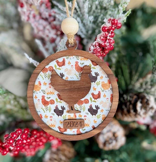 Chicken Christmas Ornament - Farm Theme Tree Ornament: White Background Acrylic (Pictured) / 2025