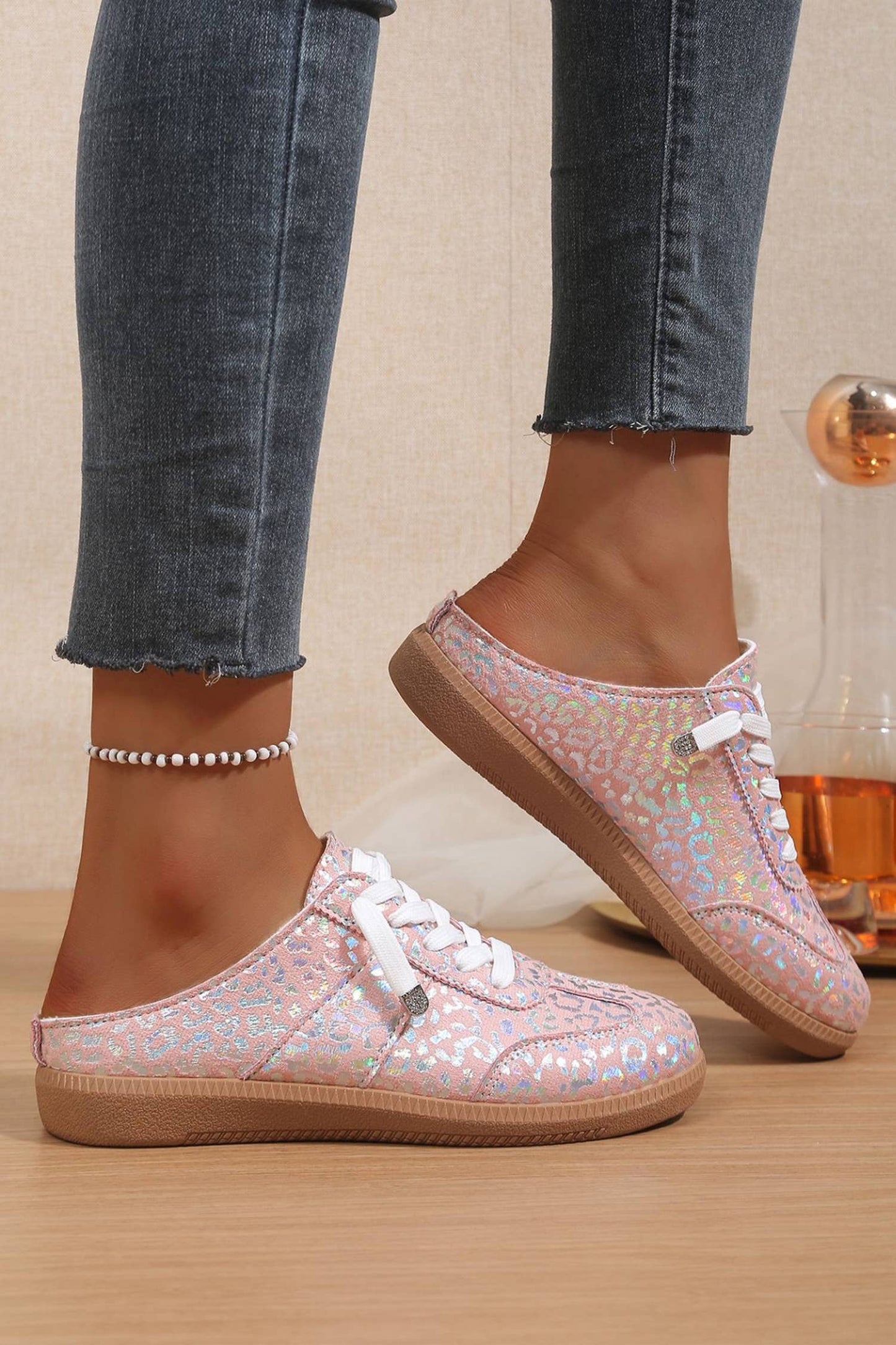 Shiny Leopard Print Lace up Slip On Shoes: Pink