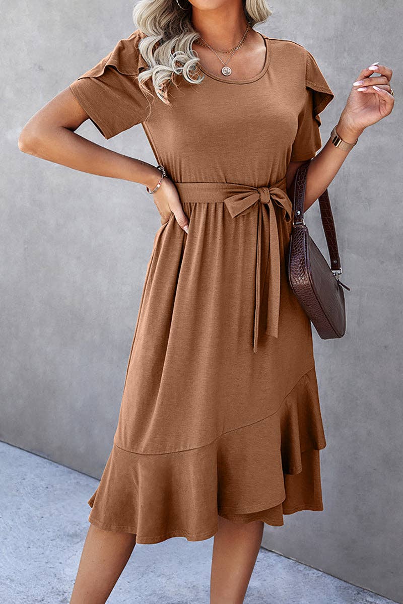 Petal Sleeve Ruffle Trim Belted Midi Dress: OLIVE