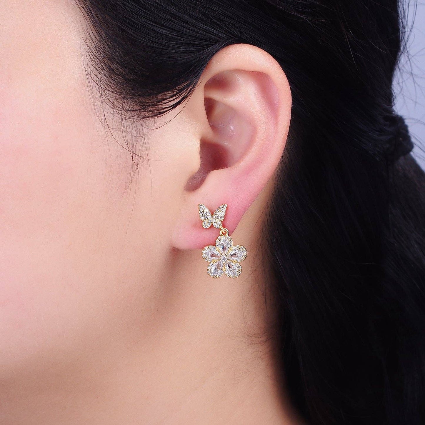 Flower Teardrop Petal Drop CZ Butterfly Stud Earrings: Gold