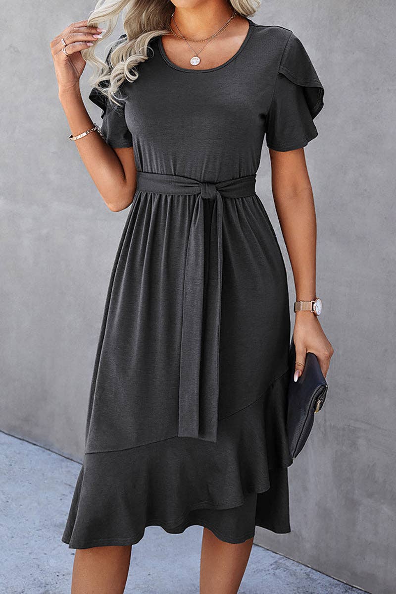 Petal Sleeve Ruffle Trim Belted Midi Dress: OLIVE