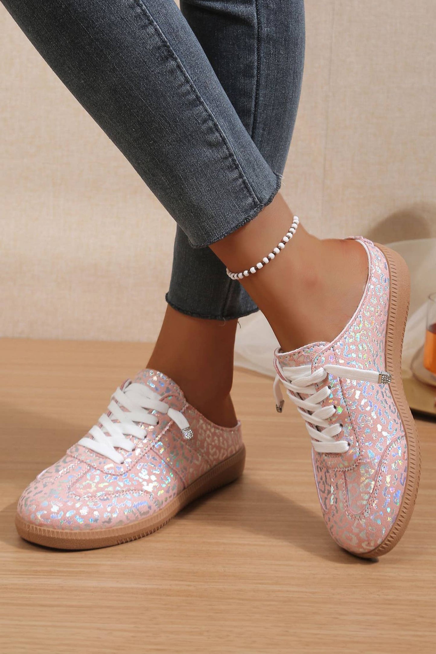 Shiny Leopard Print Lace up Slip On Shoes: Pink