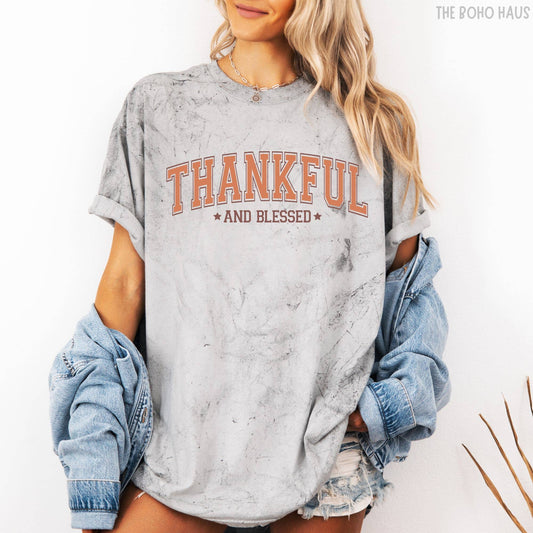 Thankful and Blessed Marble Tee – Thanksgiving Shirt: Smoke