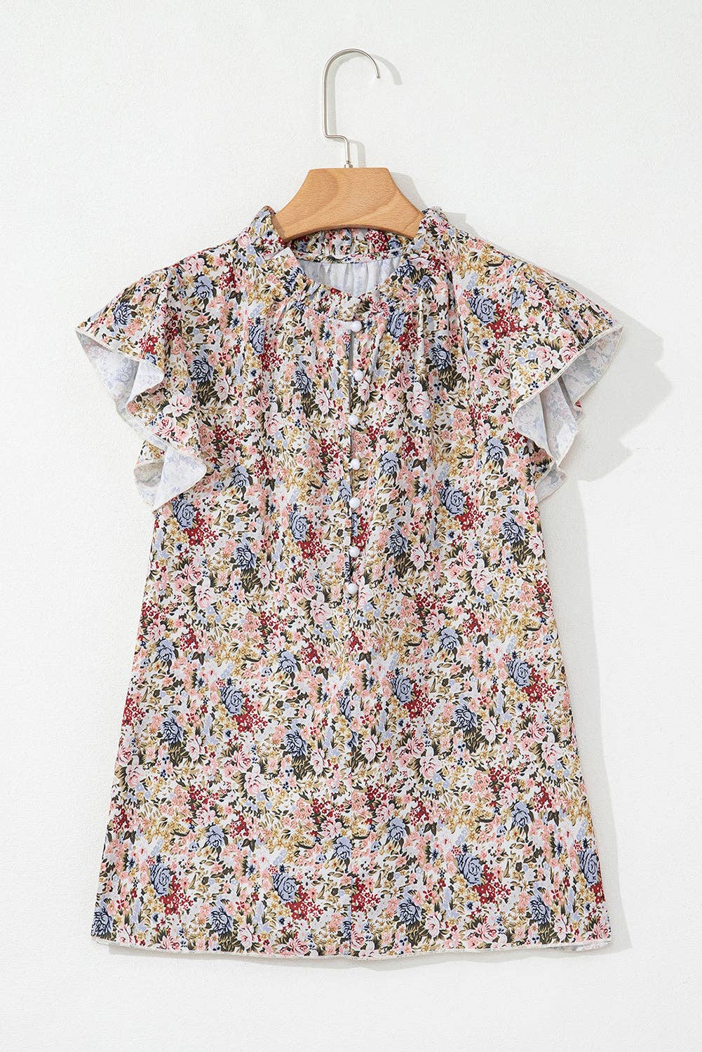 Red Boho Floral Frilled Button Neck Ruffle Short Sleeve Blouse: Red