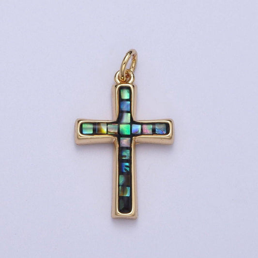24K Gold Filled Religious Cross Black Shell Opal Charm