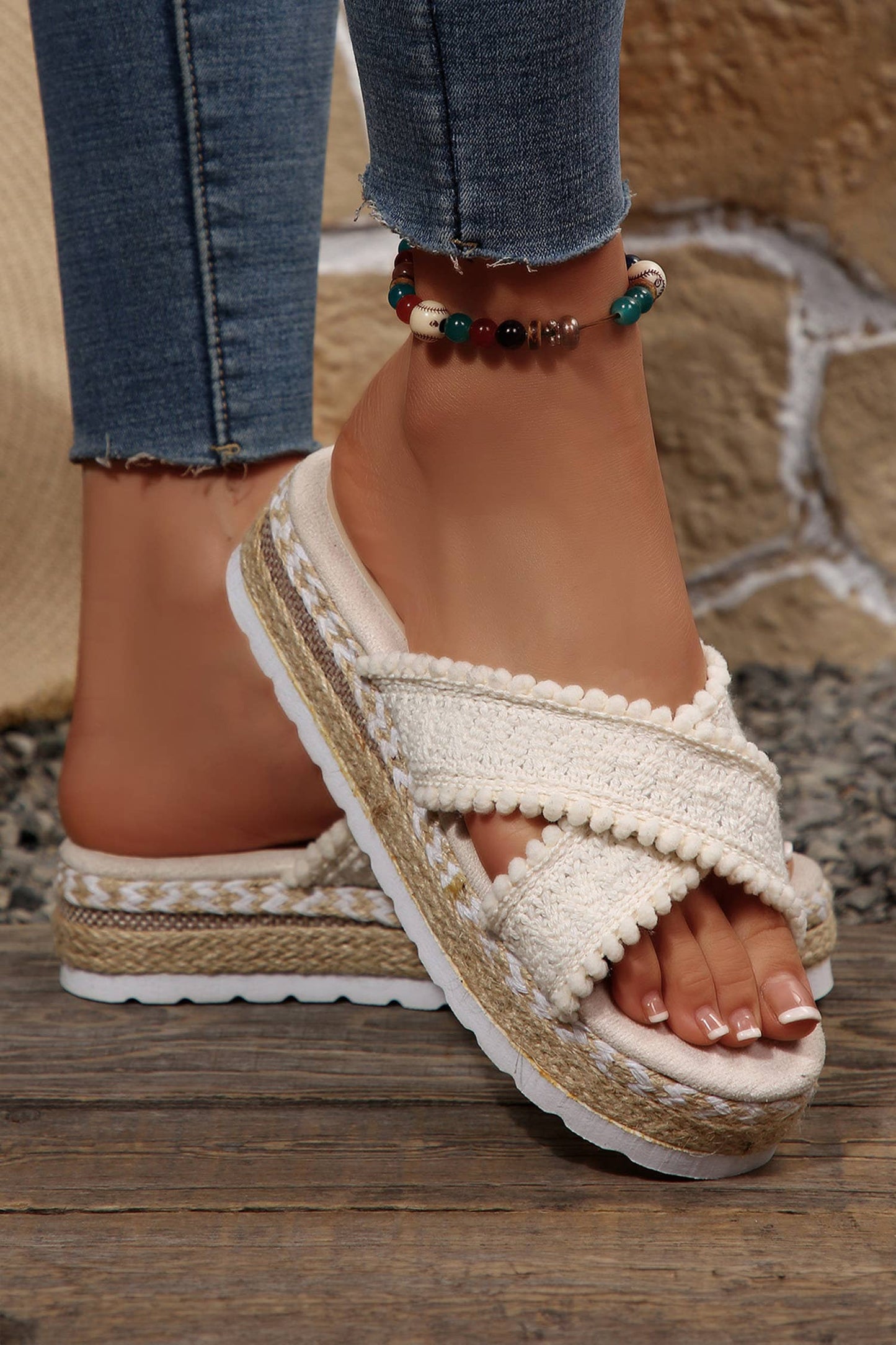 Pompom Knit Platform Slide Slippers: White