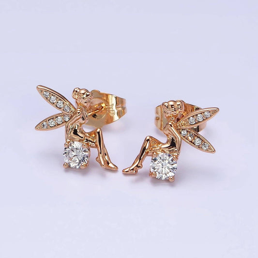 18K Gold Filled Fairy Wings Micro Paved CZ Stud Earrings