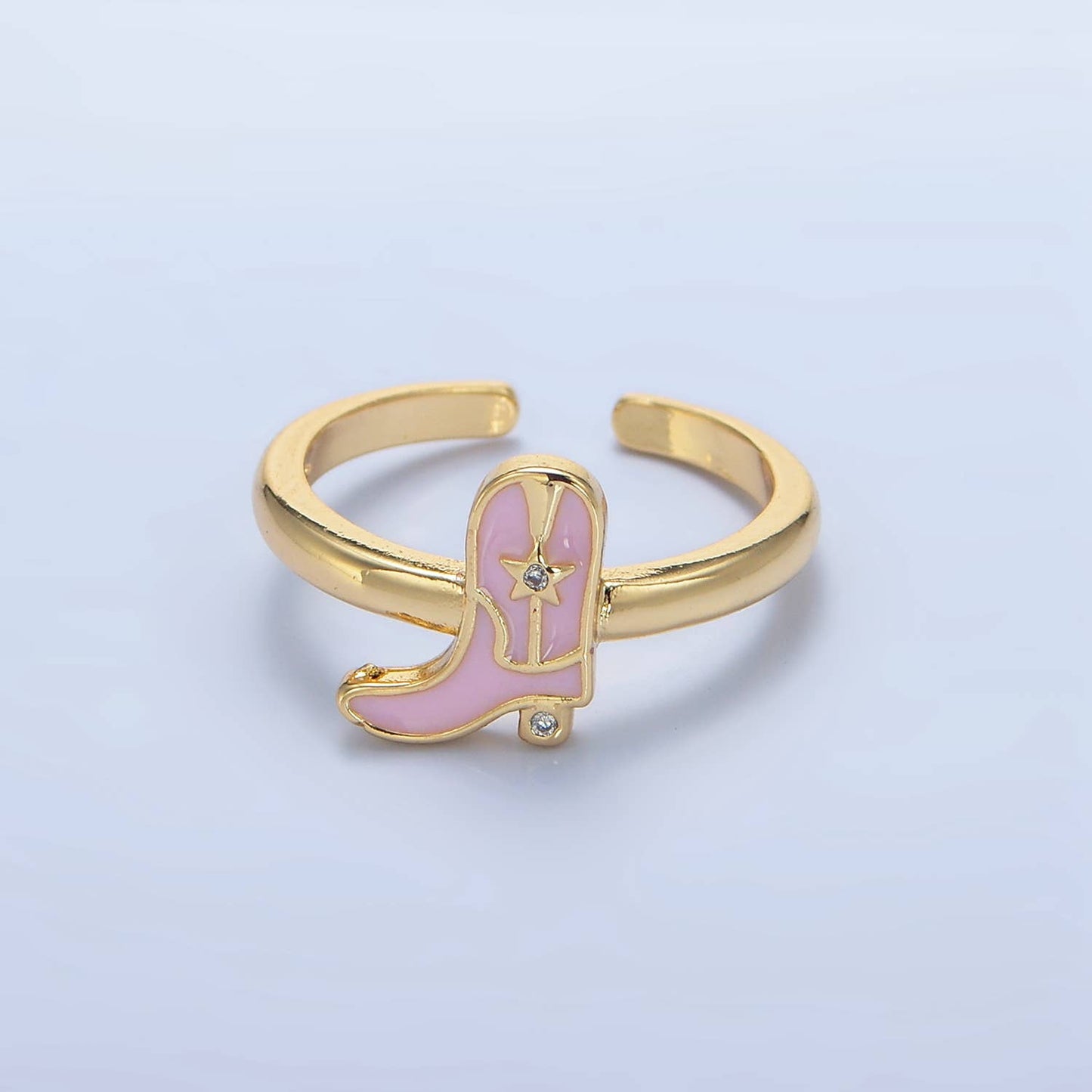24K Gold Filled CZ Pink Enamel Cowboy Boots Ring