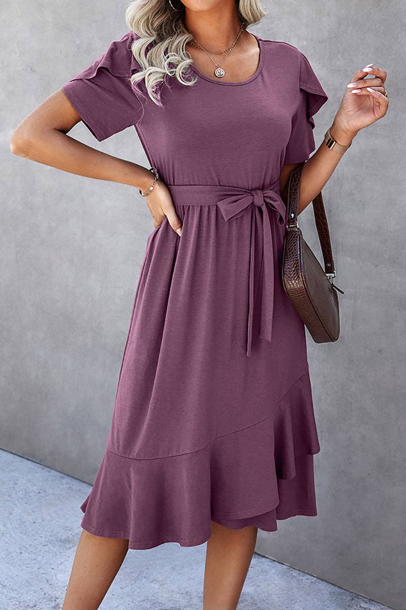 Petal Sleeve Ruffle Trim Belted Midi Dress: OLIVE