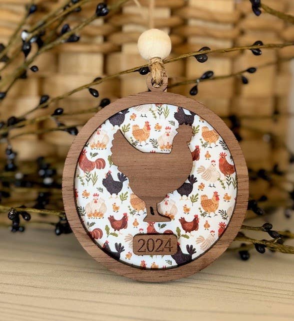 Chicken Christmas Ornament - Farm Theme Tree Ornament: White Background Acrylic (Pictured) / 2025