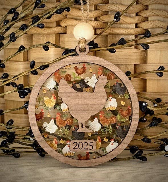 Chicken Christmas Ornament - Farm Theme Tree Ornament: White Background Acrylic (Pictured) / 2025