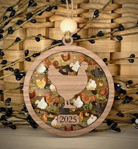 Chicken Christmas Ornament - Farm Theme Tree Ornament: White Background Acrylic (Pictured) / 2025