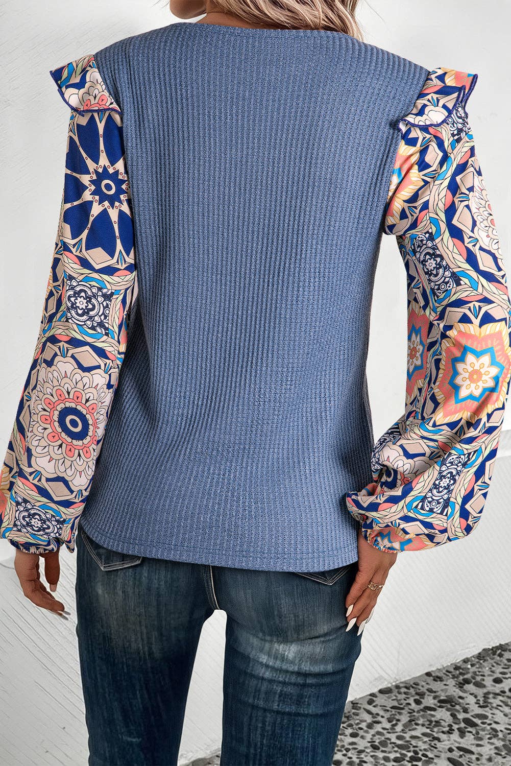 Ashleigh Blue Ruffled Floral Sleeve Patchwork Waffle Knit O Neck Blouse: Ashleigh Blue / 100%Polyester /