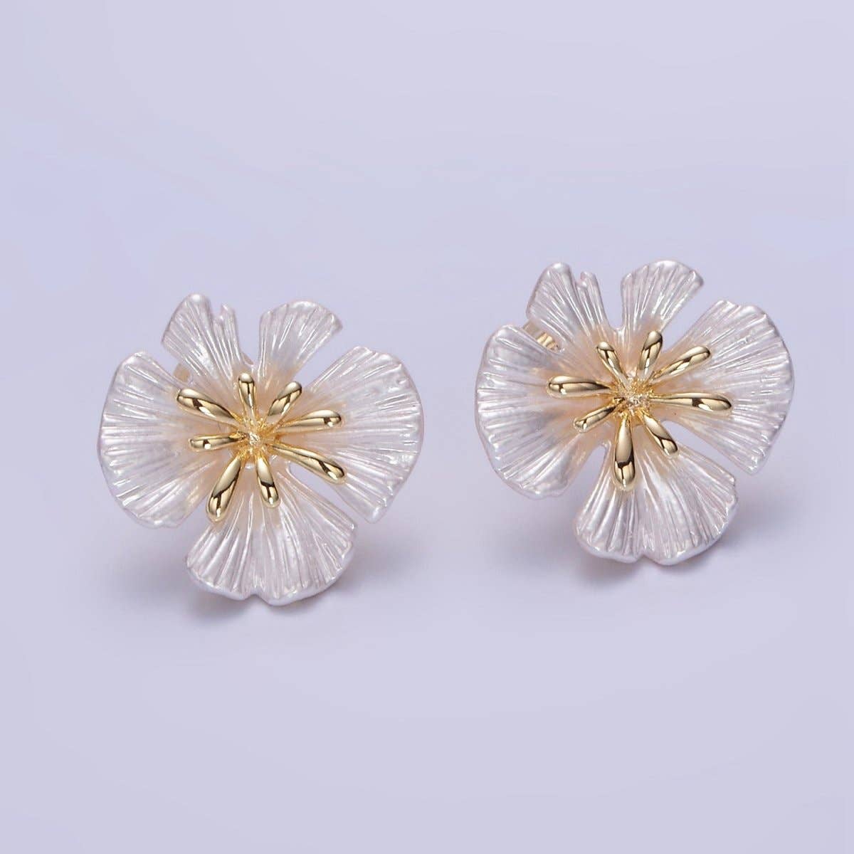 24K Gold Filled 20mm Shell Pearl Flower Open Loop Stud Earrings