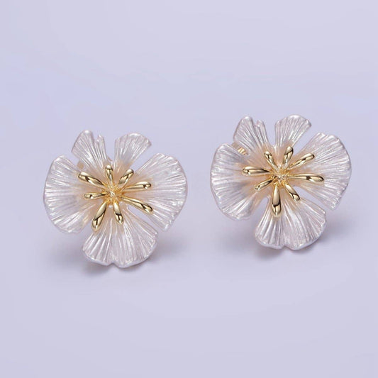 24K Gold Filled 20mm Shell Pearl Flower Open Loop Stud Earrings