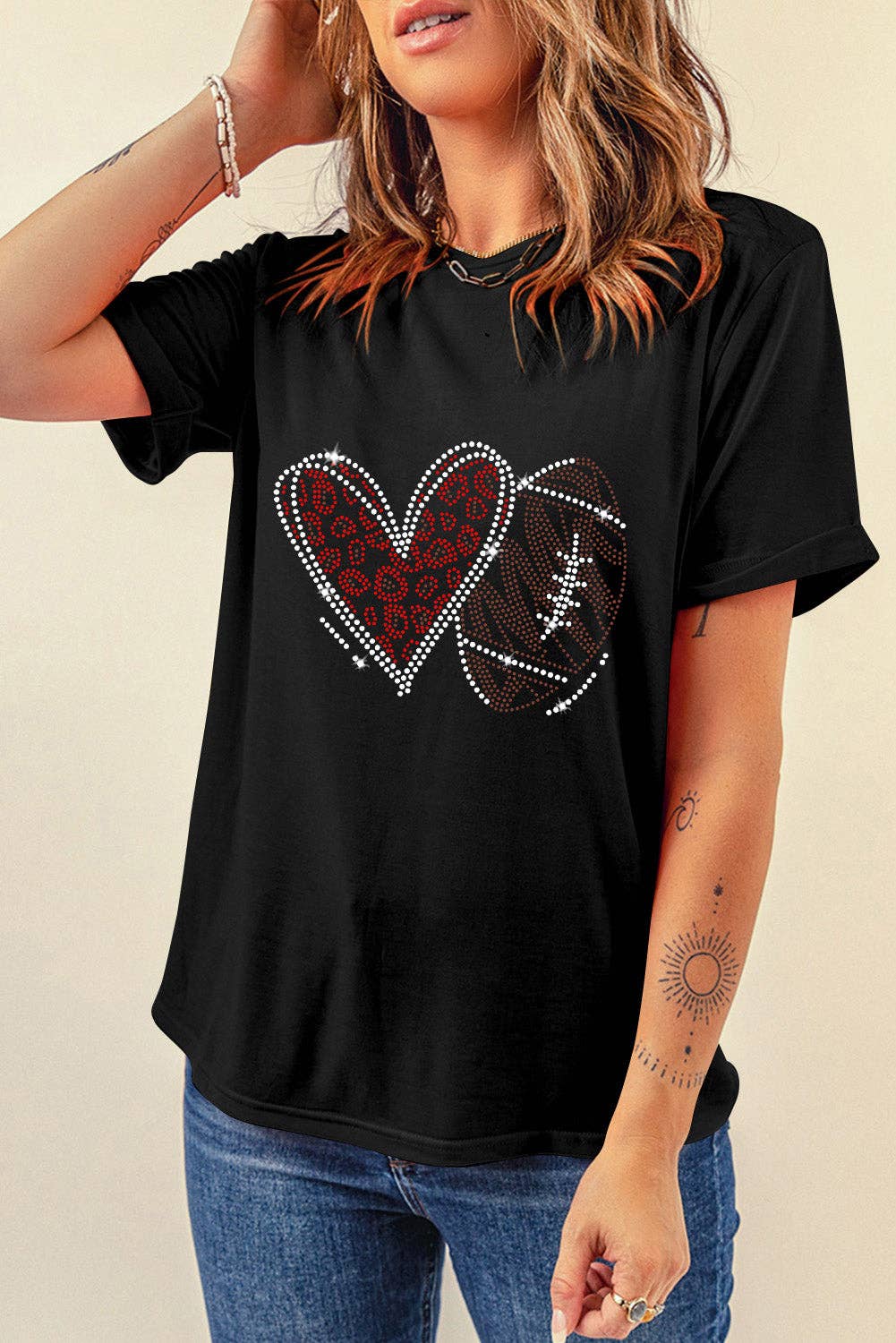 Black Rhinestone Rugby Football Heart Shape Graphic T Shirt: Black