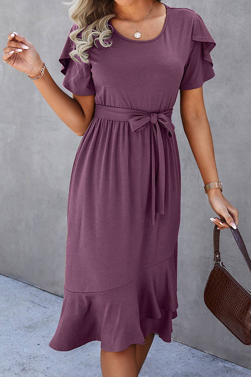 Petal Sleeve Ruffle Trim Belted Midi Dress: OLIVE
