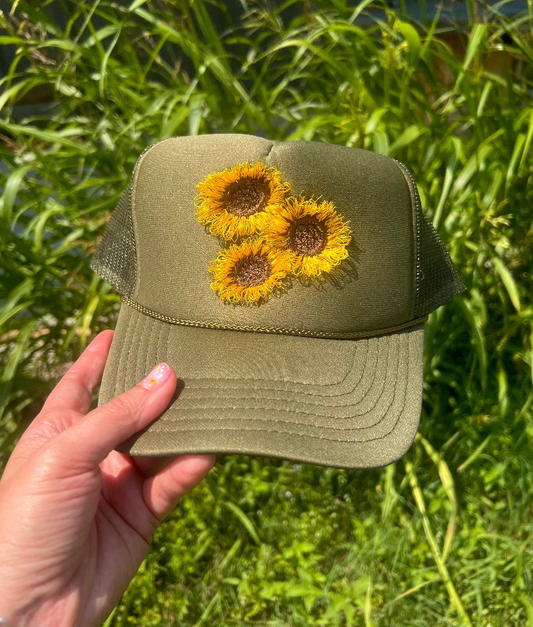 Embroidered Fluffy Sunflower Brown & Tan Otto Hat